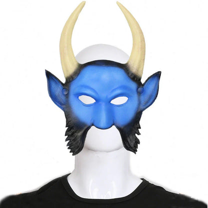 A chilling Halloween mask with long, twisted horns and a fearsome, ghostly expression, crafted from premium acrylic materials.
