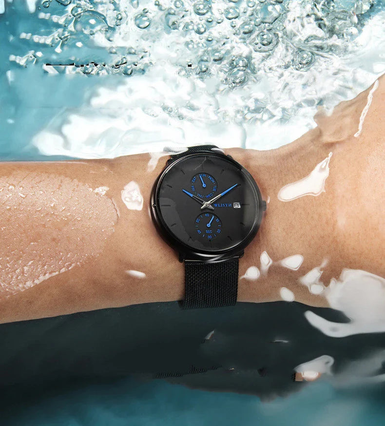 A classic, multifunctional watch with a sleek, 8mm profile, luminous display, and week indicator, perfect for the modern British gentleman.
