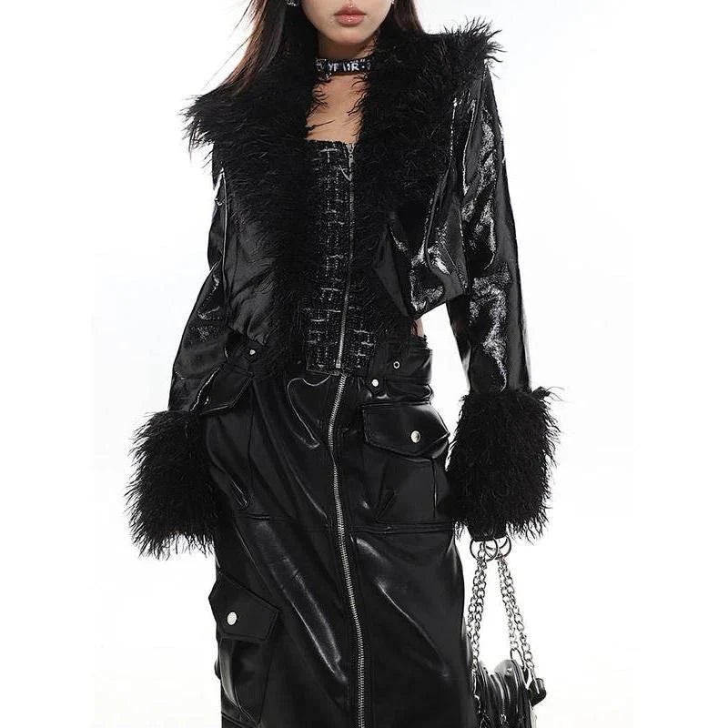 Elegant women's leather jacket with plush suede collar, a blend of timeless style and contemporary British fashion