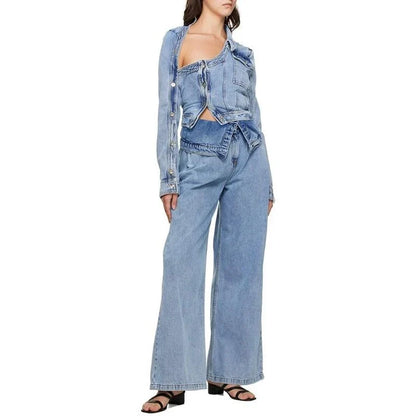 Stylish patchwork denim jacket with unique design and irregular hem, perfect for spring and summer in the UK