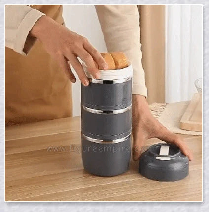 Insulated Hot Food Thermos Lunchbox Tower with multi-layer design and choice of green, pink, blue, or gray colour