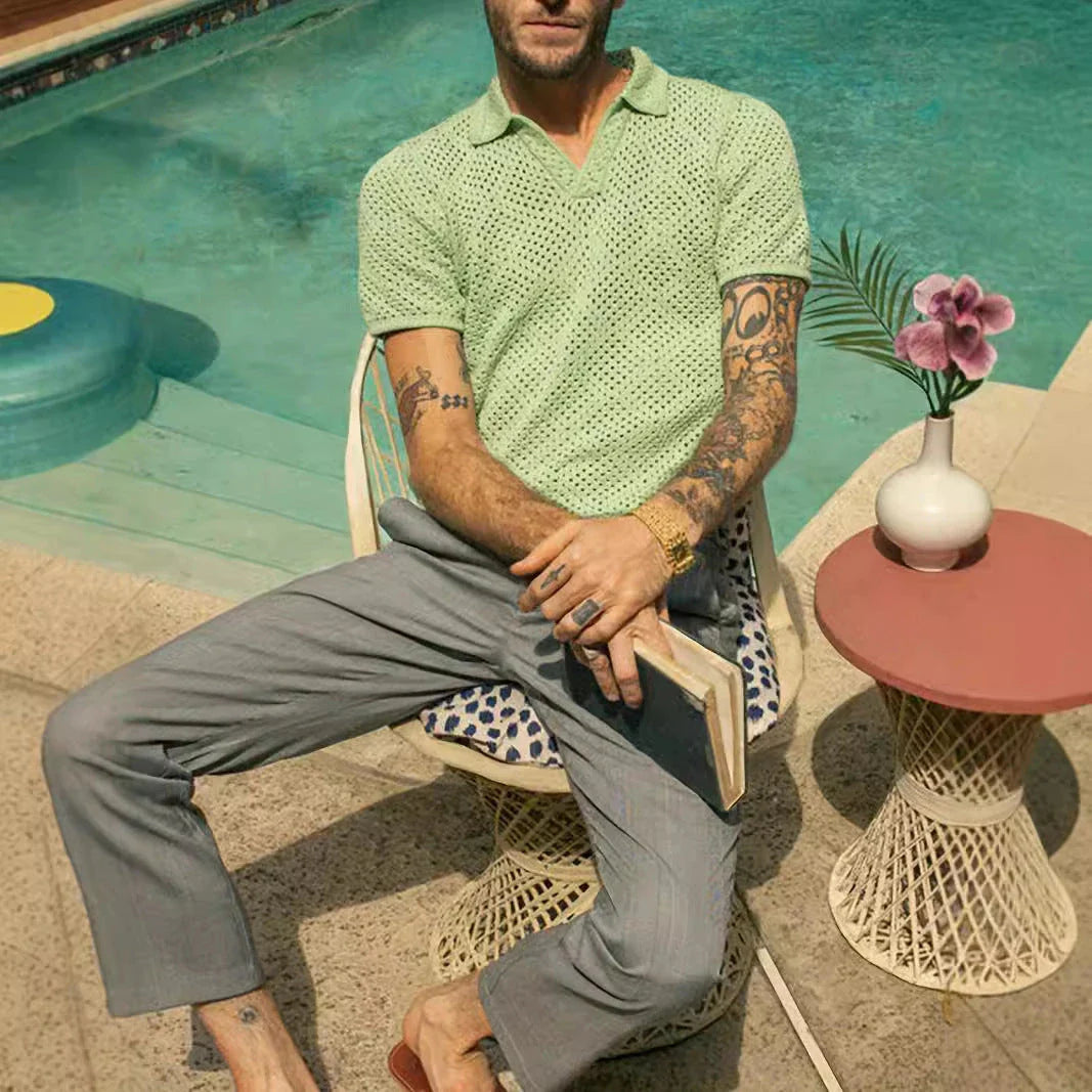 Premium quality men's knitted summer shirt in green, navy, and beige colours with a classic pullover design
