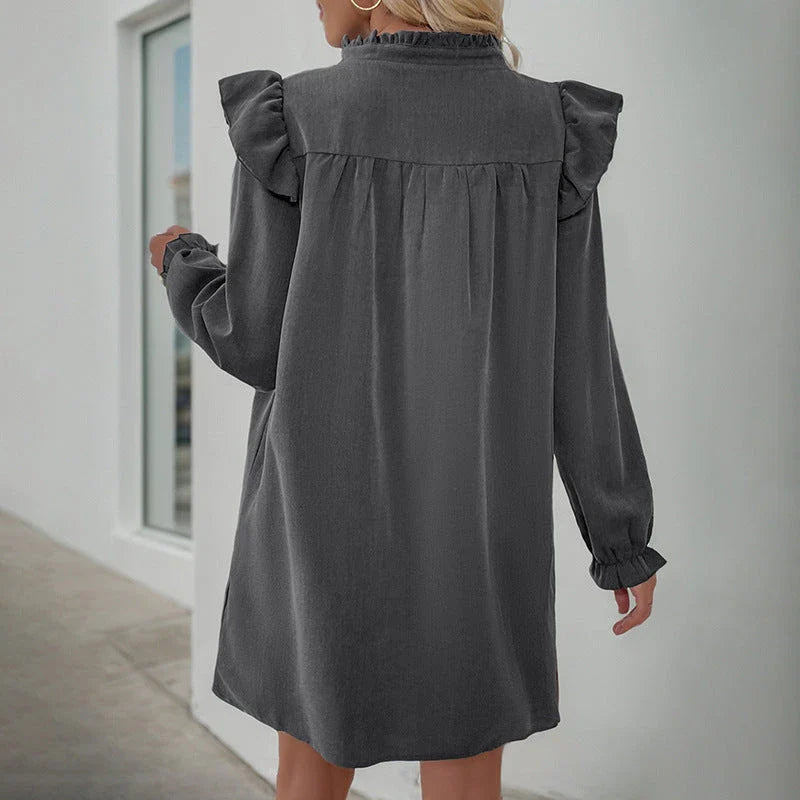 Elegant ruffled long sleeve dress in dark gray with loose lapel design for versatile British women's fashion
