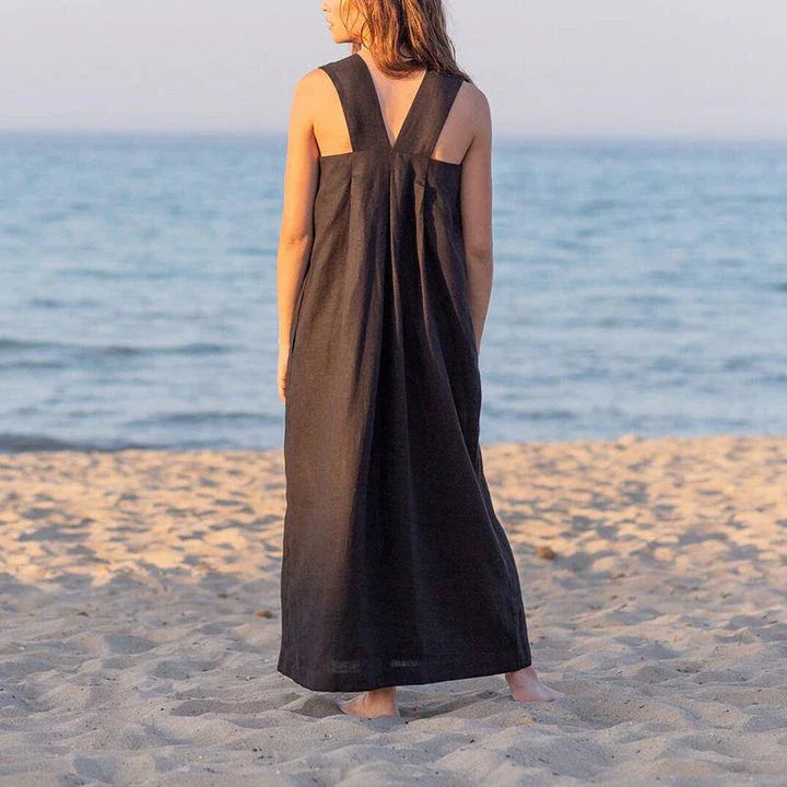 Elegant square collar sleeveless midi sundress in a flowing A-line silhouette, made of breathable cotton-linen blend fabric