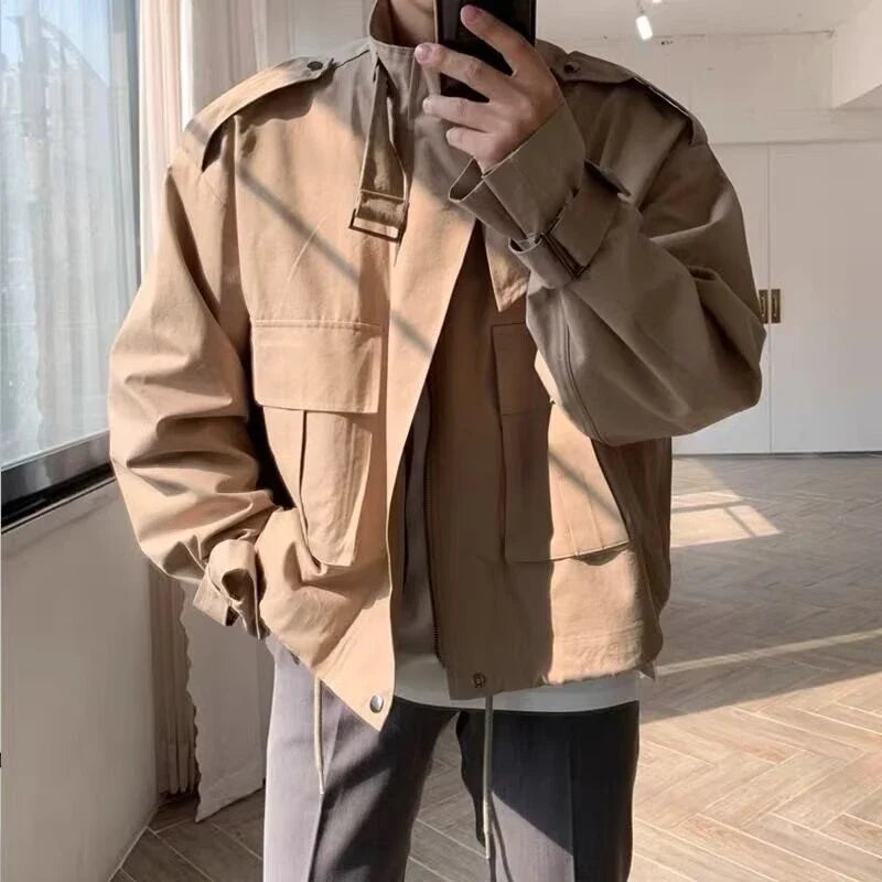 Premium vintage-inspired khaki denim jacket with a handsome sense of design and a refined, polished silhouette