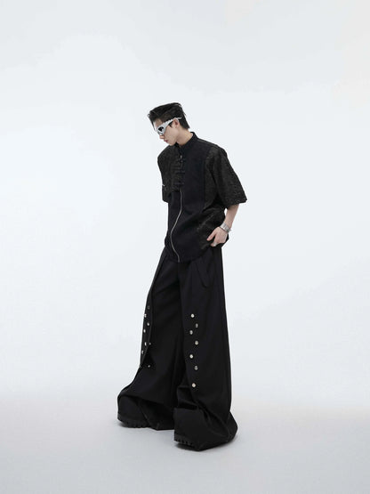 Buckle Design Sense Padded Shoulder Short Sleeve Loose T-shirt in black and white colours