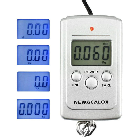Premium portable digital luggage scale with weighing hook for travel, made with durable ABS plastic and featuring an easy-to-read LCD display