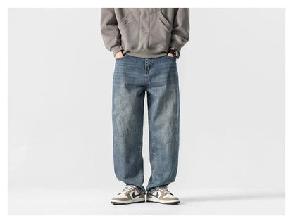 Autumn New Retro Loose Jeans in dark blue colour with straight-leg silhouette and premium cotton fabric