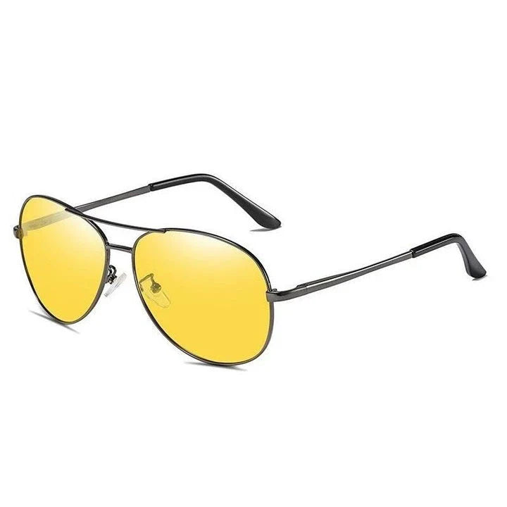 Photochromic Pilot Sunglasses with silver lenses that adjust tint based on light conditions