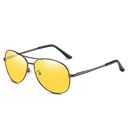Photochromic Pilot Sunglasses with silver lenses that adjust tint based on light conditions