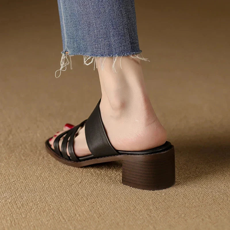 Luxurious high heel leather sandals for women in the UK, featuring a retro-inspired design and premium cow leather construction.