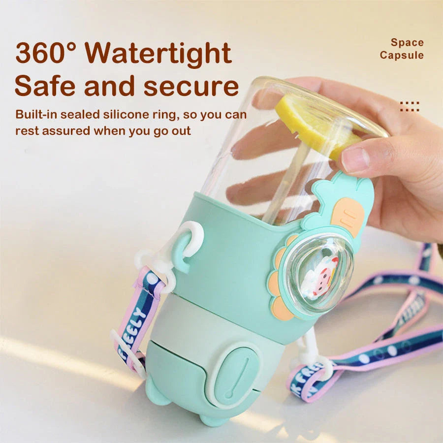 Colourful, durable Kids Cartoon Water Bottle with straw and carrying strap, designed for children's hydration needs