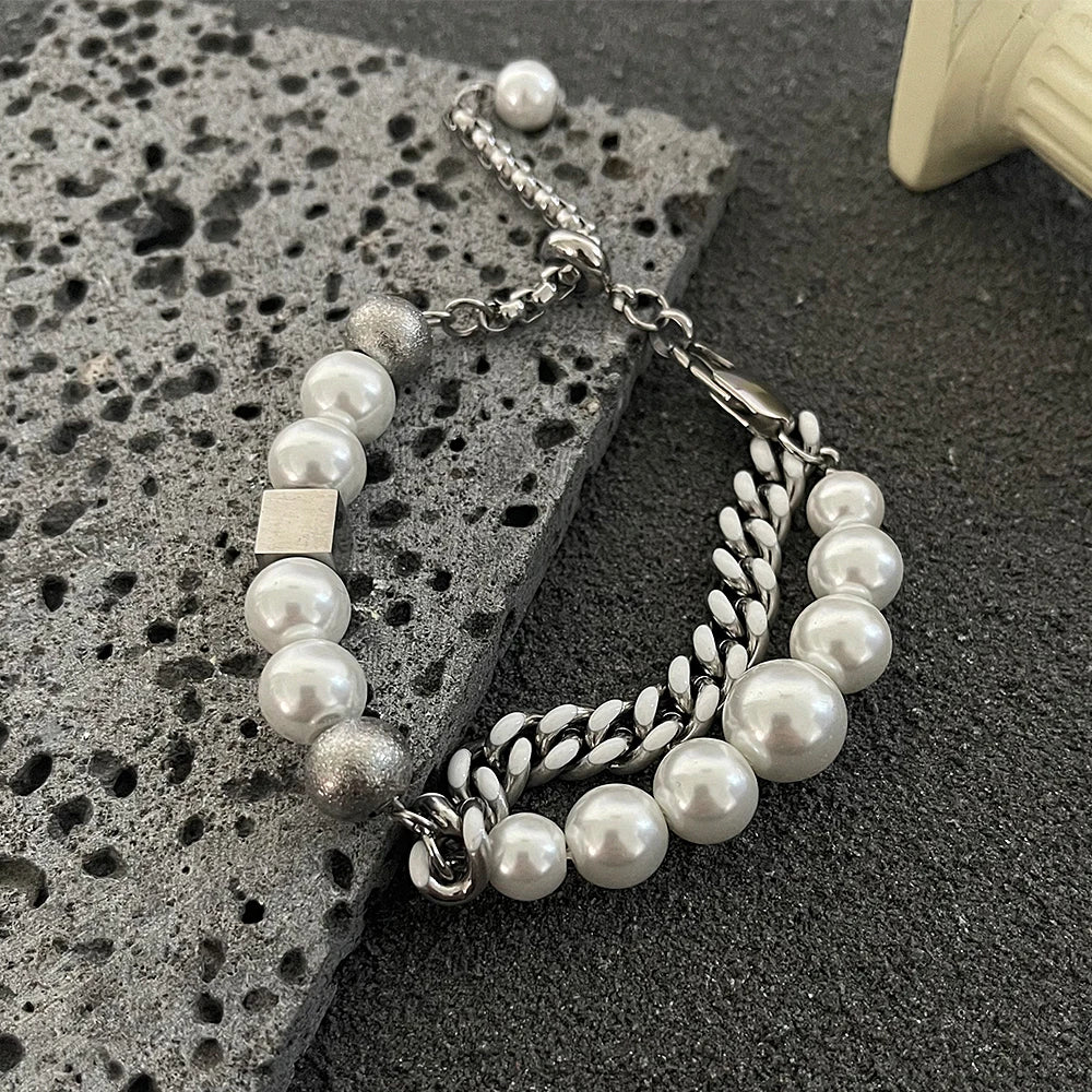 Elegant Pearl Cuban Double Layer Bracelet for men and women, featuring a premium titanium steel construction and a sophisticated design.