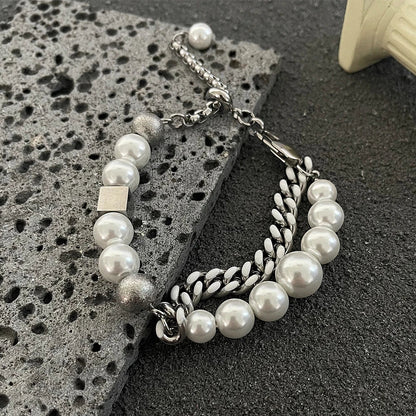 Elegant Pearl Cuban Double Layer Bracelet for men and women, featuring a premium titanium steel construction and a sophisticated design.