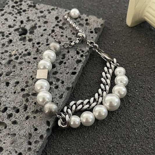 Elegant Pearl Cuban Double Layer Bracelet for men and women, featuring a premium titanium steel construction and a sophisticated design.