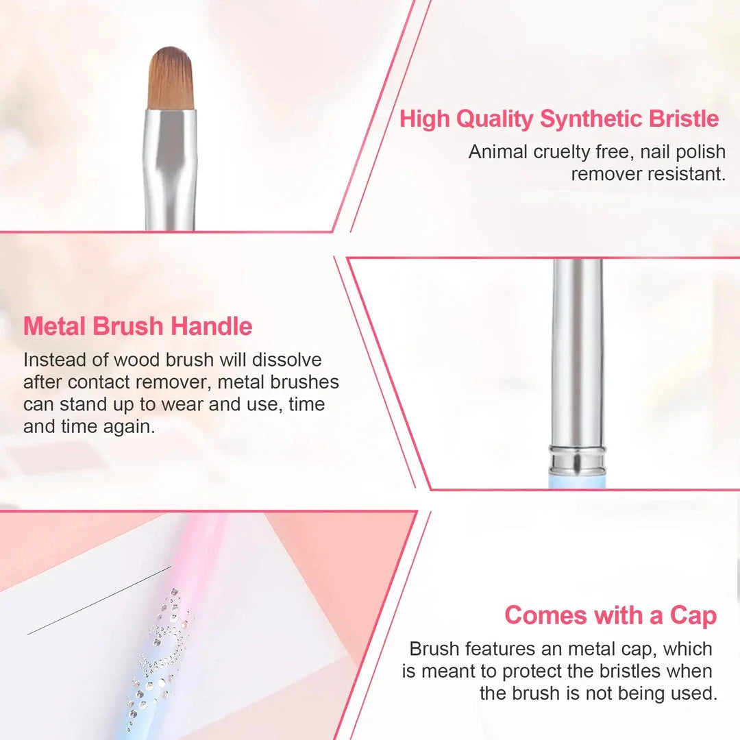 Premium nylon nail art brushes with round and angled heads for precise painting and clean-up