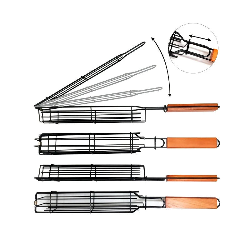 Portable nonstick BBQ grilling basket made of durable steel wire and wood, perfect for outdoor cooking and grilling