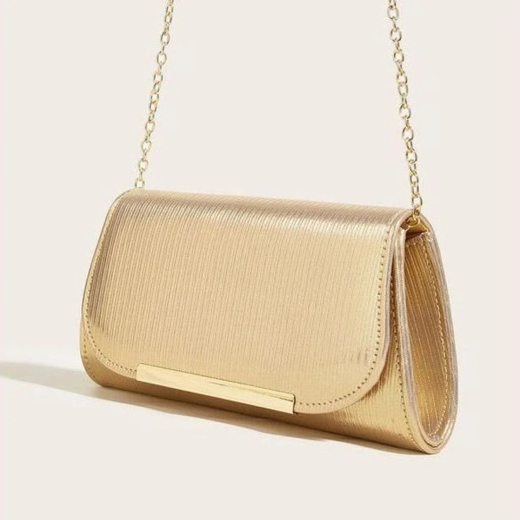 Elegant shiny striped PU leather evening clutch bag with long chain, perfect for formal events and everyday use