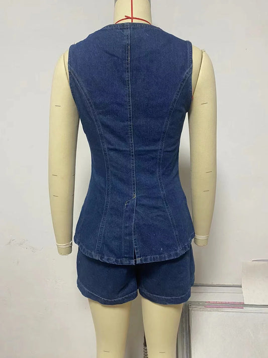 Trendha Denim Summer Set - Sleeveless Button-up Top and High-Waisted Shorts for Women