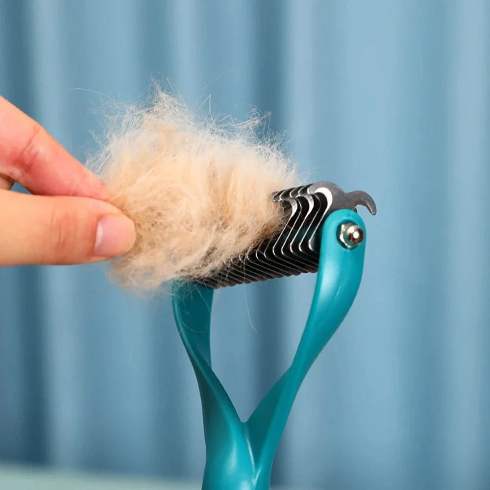 Premium double-sided pet grooming brush with stainless steel combs and ergonomic non-slip handle for cats and dogs