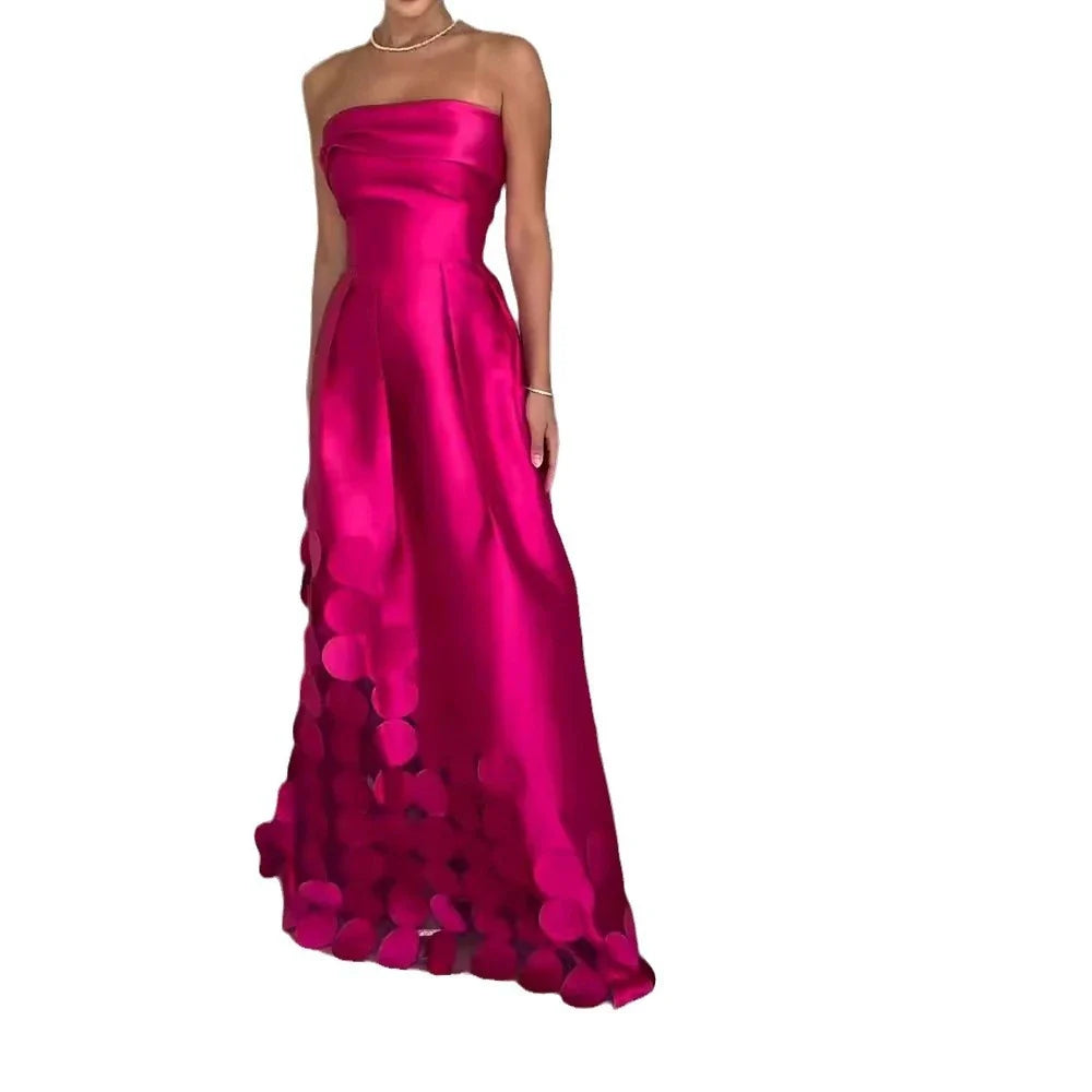 Elegant patchwork satin dress with sleek tube top, high-waist silhouette, and full-length swing skirt in vibrant rose red colour