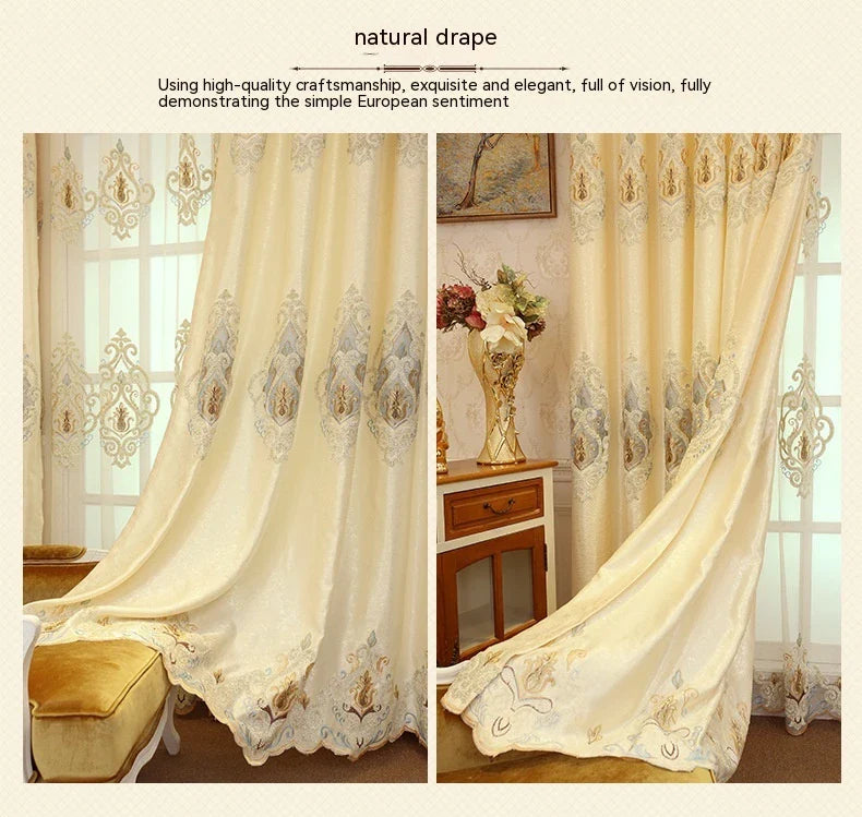 Elegant European-style embroidered mesh curtains in beige and grey shades, providing high sun protection and a modern, minimalist design.