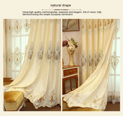 Elegant European-style embroidered mesh curtains in beige and grey shades, providing high sun protection and a modern, minimalist design.