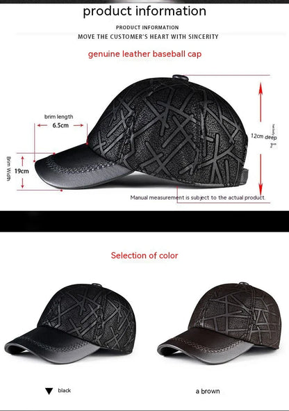 Premium leather baseball cap with adjustable fit and sheepskin construction for a stylish and comfortable all-season accessory