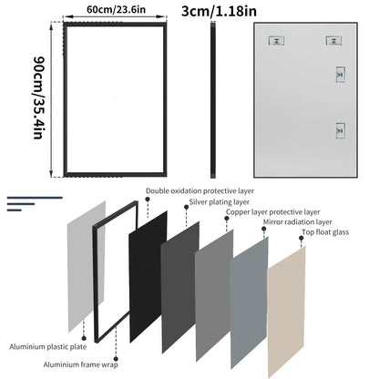 Sophisticated black metal framed wall mirror with rounded corners, reflecting a bright and spacious room