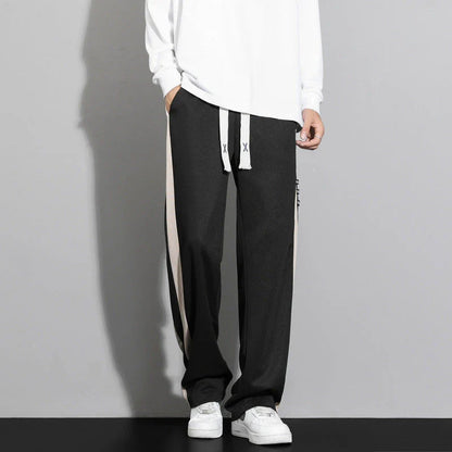 Comfortable striped straight-leg casual trousers in various colours and sizes
