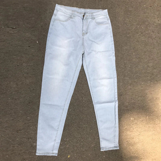 Premium British denim skinny trousers in a light blue washed finish, perfect for urban leisure fashion