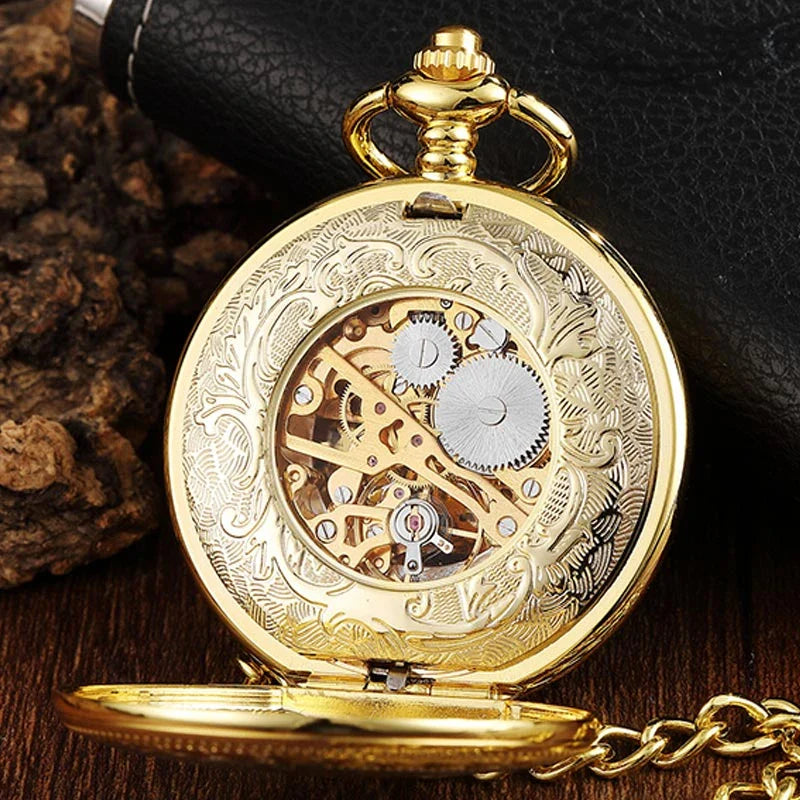 Exquisite gold-toned vintage-style pocket watch necklace with a mechanical movement and sturdy chain
