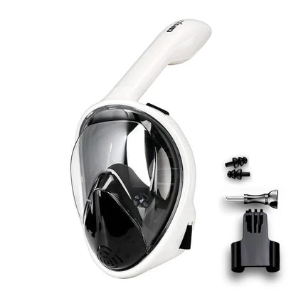Premium full face anti-fog snorkel mask with wide 180-degree viewing and adjustable camera mount
