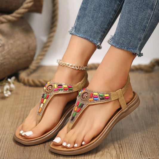 Elegant crystal-embellished bohemian-style sandals in a range of sizes, perfect for summer wear