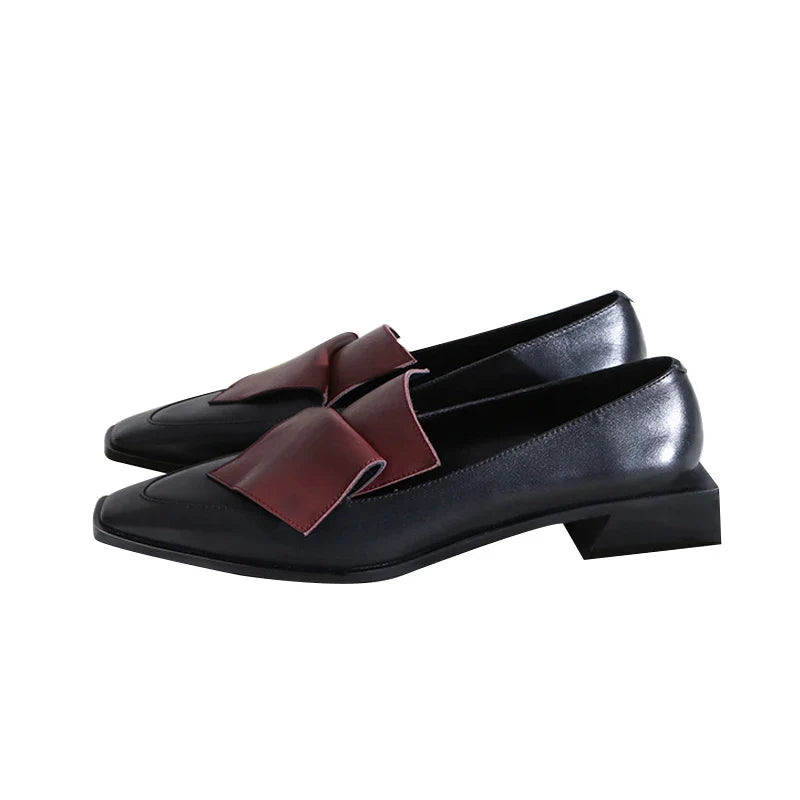 Stylish leather sateen shoes with a vibrant colour-matching design and low-heel comfort