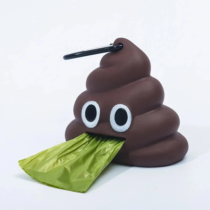 A brown leash-attached poop bag dispenser with a metal carabiner clip, designed for convenient pet waste management during outdoor activities.