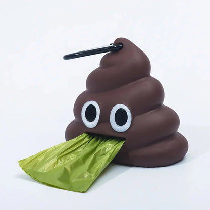 A brown leash-attached poop bag dispenser with a metal carabiner clip, designed for convenient pet waste management during outdoor activities.