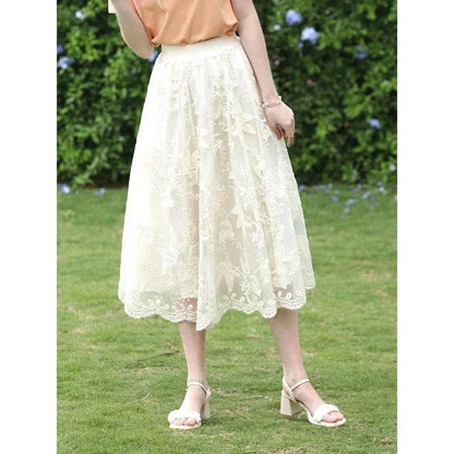 Elegant floral lace A-line skirt in apricot colour, featuring a flattering silhouette and intricate embroidery