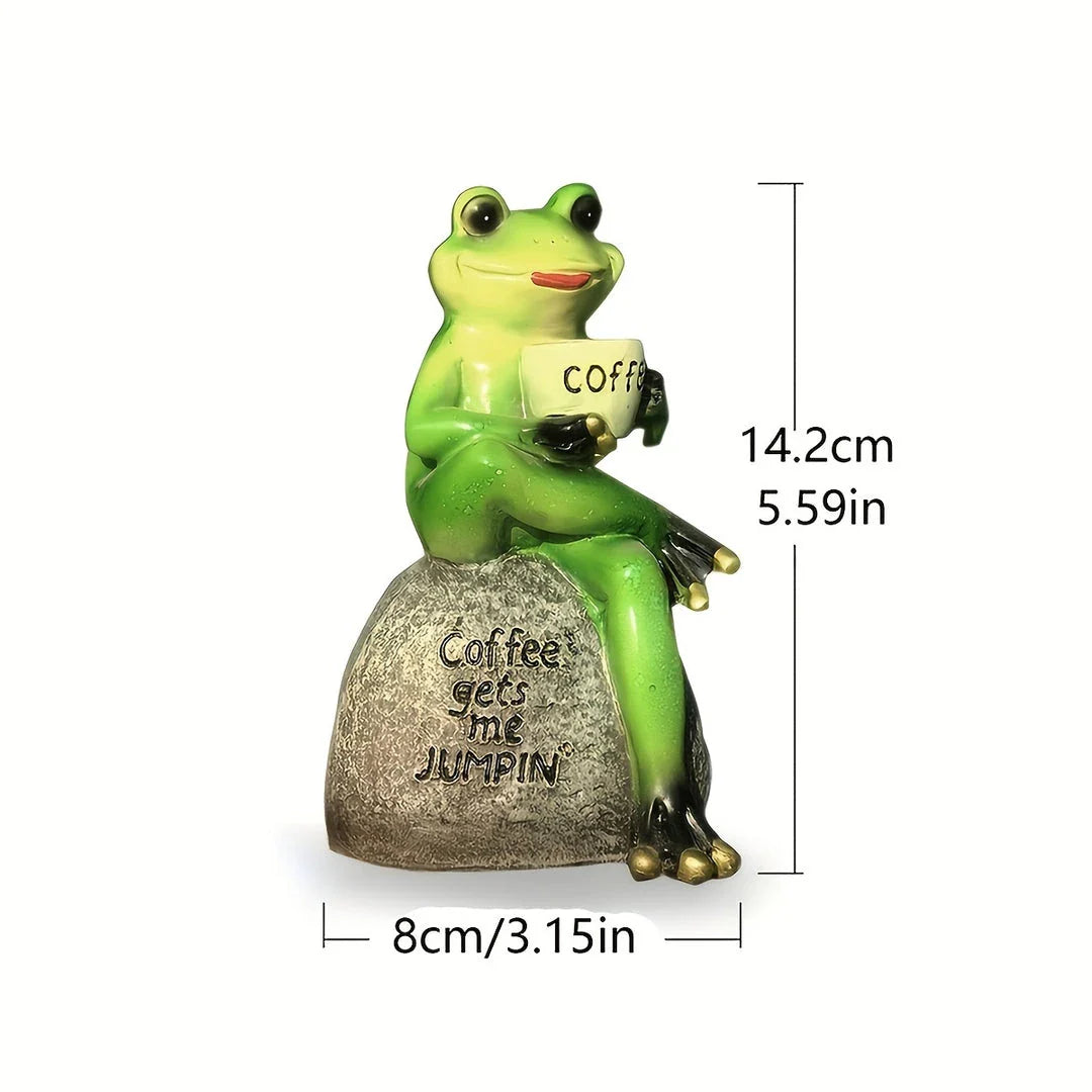 A charming resin frog statue with a playful design, perfect for adding a touch of whimsy to your garden or patio decor.