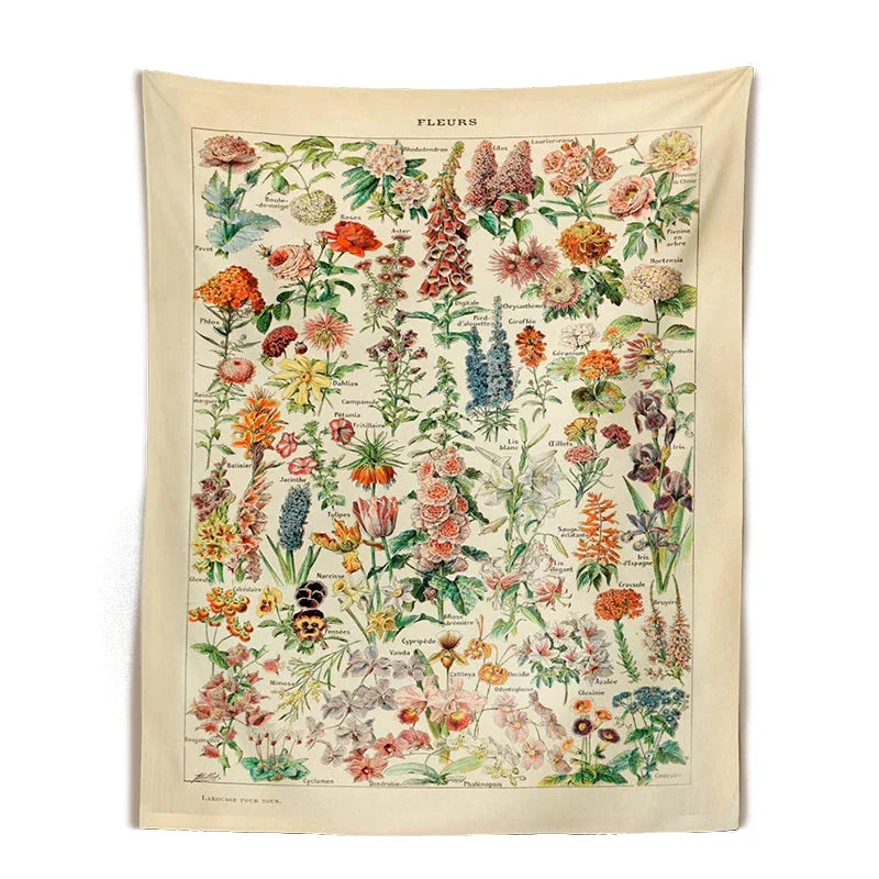 Mushroom Tapestry Wall Hanging with Botanical Print and Floral Illustrations