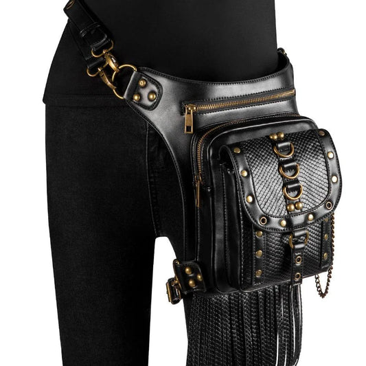 Stylish mini crossbody bag in brown colour with punk-rock inspired design, perfect for hands-free urban adventures
