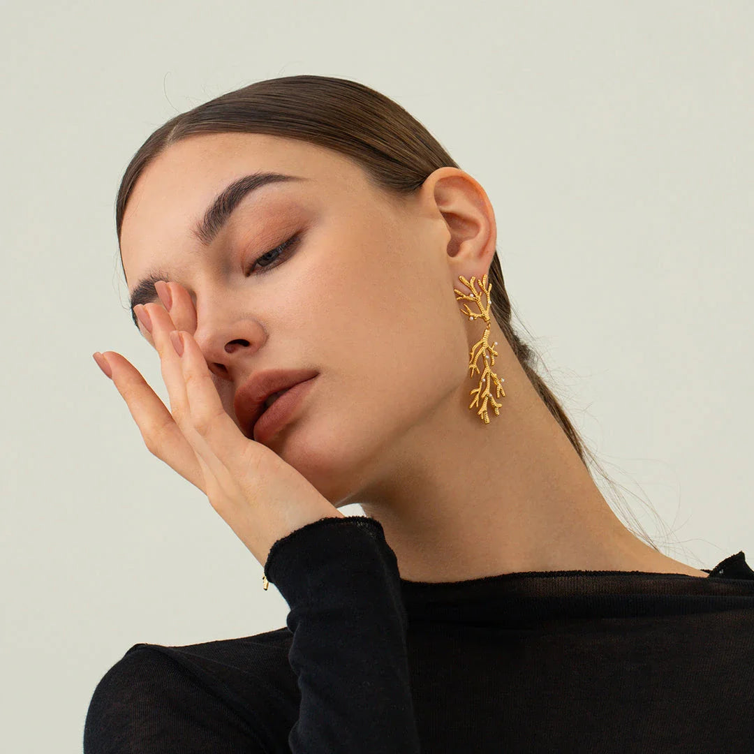 Elegant 18K gold plated coral pearl pendant earrings with a secure stud closure and a tarnish-proof finish