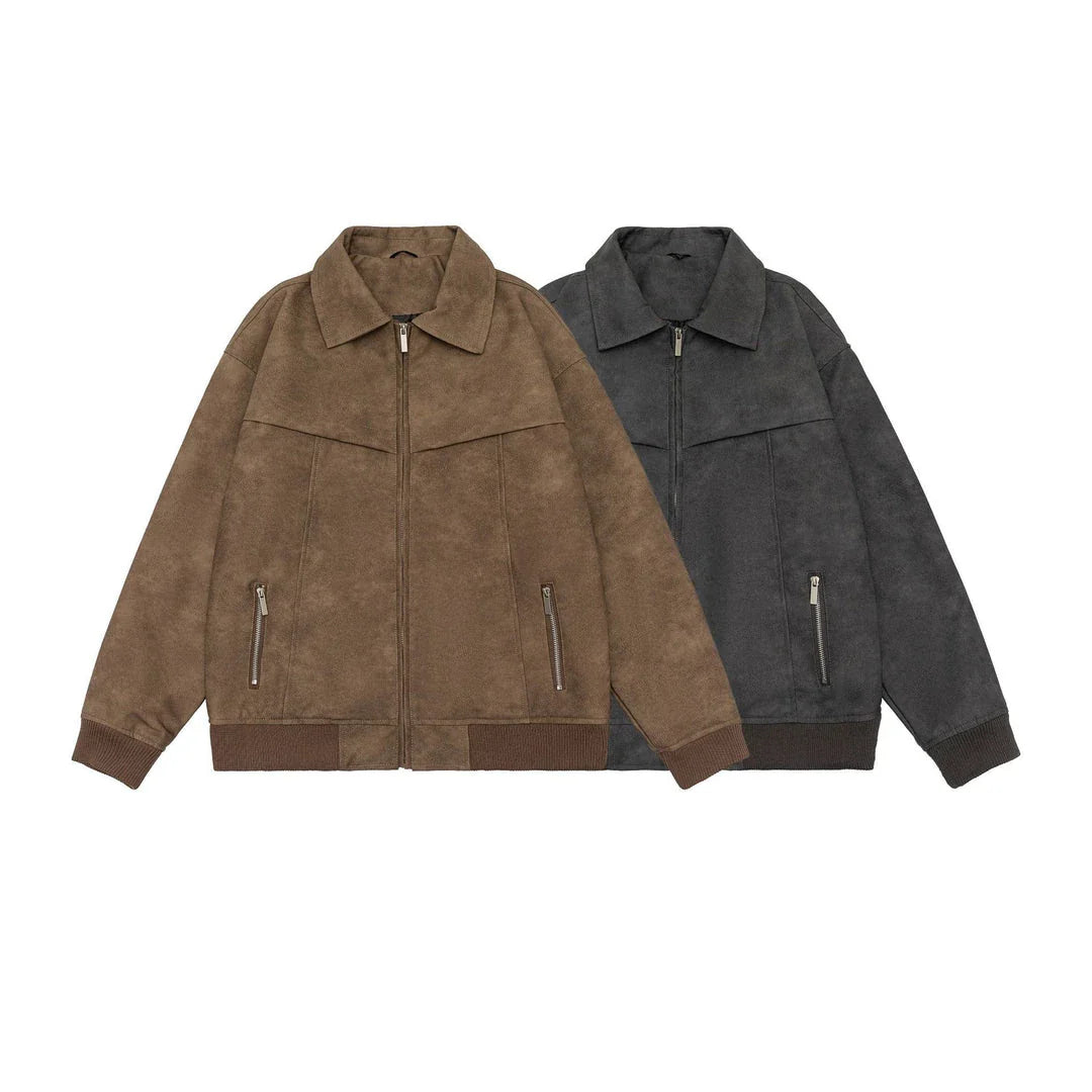 A classic distressed leather jacket in a relaxed, unstructured fit suitable for both men and women