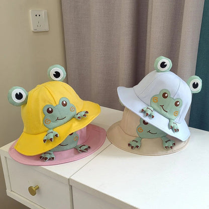Charming frog-themed baby sun hat made from soft, breathable cotton with UPF 50+ sun protection