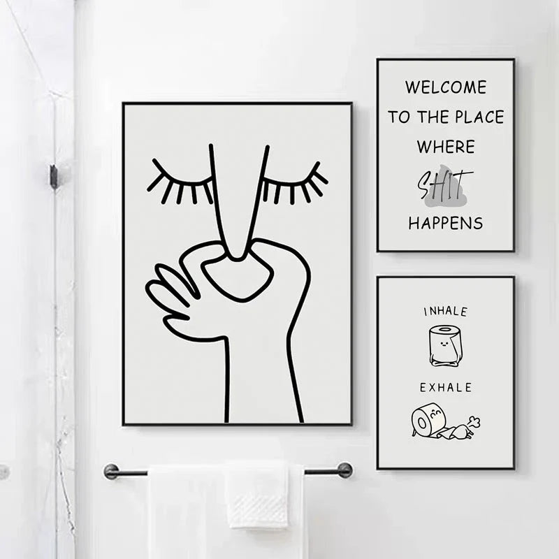 Humorous abstract canvas print with playful design, perfect for adding laughter and style to any bathroom or living space.