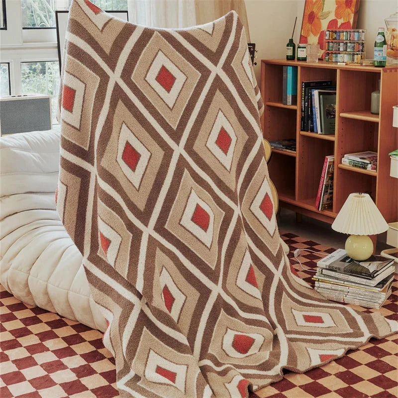 Luxurious Plaid Throw Blanket in Khaki, a cosy and stylish microfibre blanket with a vibrant Mediterranean-inspired design