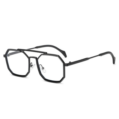 Stylish polygonal double bridge sunglasses with metal frames and mirror-coated lenses for men and women