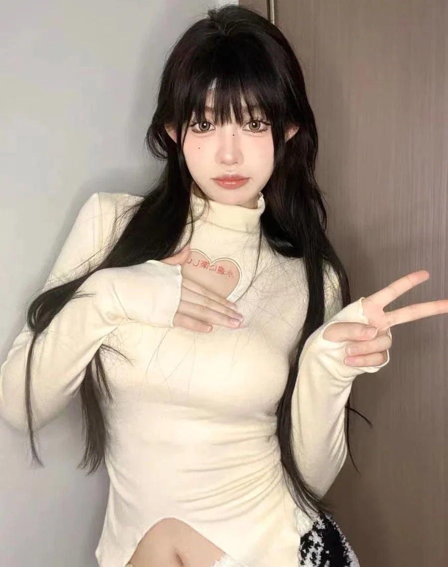 Premium high-neck long-sleeve t-shirt with elegant heart-shaped design in white