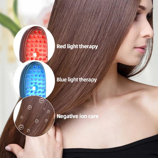 A sleek and compact electric scalp massager with micro-current stimulation and blue/red light therapy for promoting hair growth and scalp health
