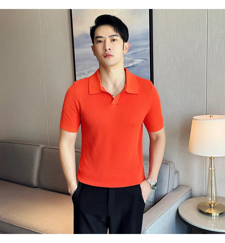 A premium cotton blend polo shirt in classic colours, featuring a v-neck lapel collar and slim fit design for a sophisticated casual look.